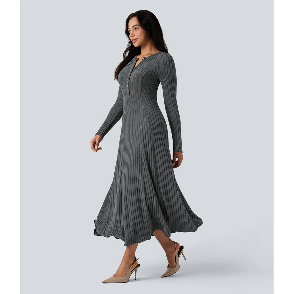 Nwt halara M gray ribbed Henley vacation travel church long sleeve maxi dress - Picture 3 of 5